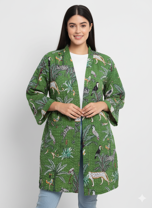Lightweight Cotton Animal Print Green Handstitched Front Open Free Size Women Jacket Mid-Length