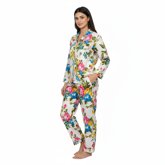 Women Lightweight Multi Floral Summer Sleepwear Cotton Soft White Night wear Top-Pajama set