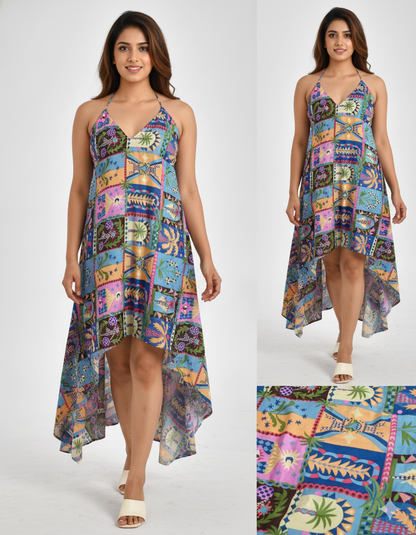 Indian Cotton Abstract Patchwork Print Maxi beach Dress Cover up Summer Party Wear Dress