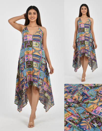 Indian Cotton Abstract Patchwork Print Maxi beach Dress Cover up Summer Party Wear Dress