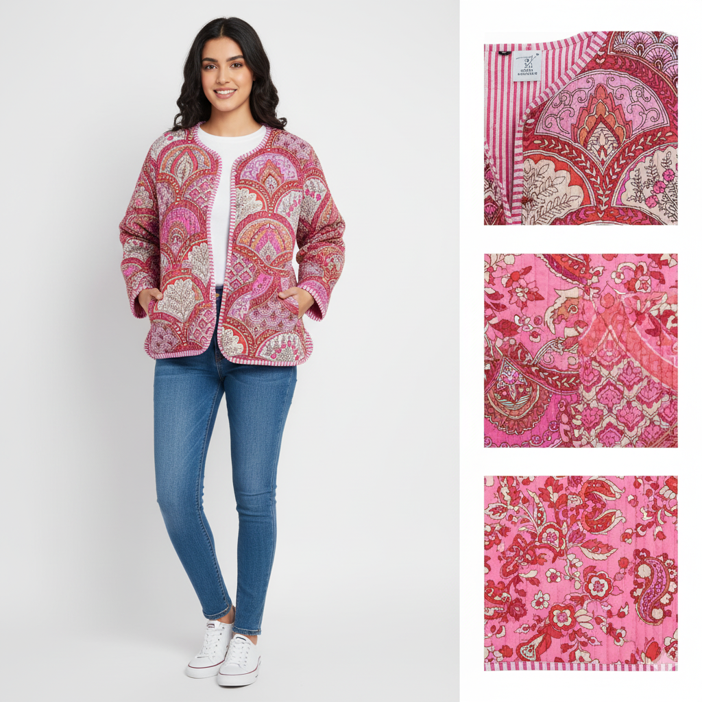 Lightweight Cotton Abstract Print Floral Pink Quilted Short Jacket Women Biker Jacket Perfect for Winter wear