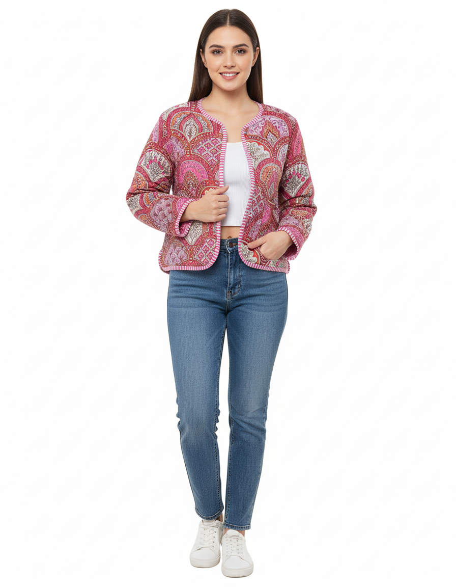 Lightweight Cotton Abstract Print Floral Pink Quilted Short Jacket Women Biker Jacket Perfect for Winter wear