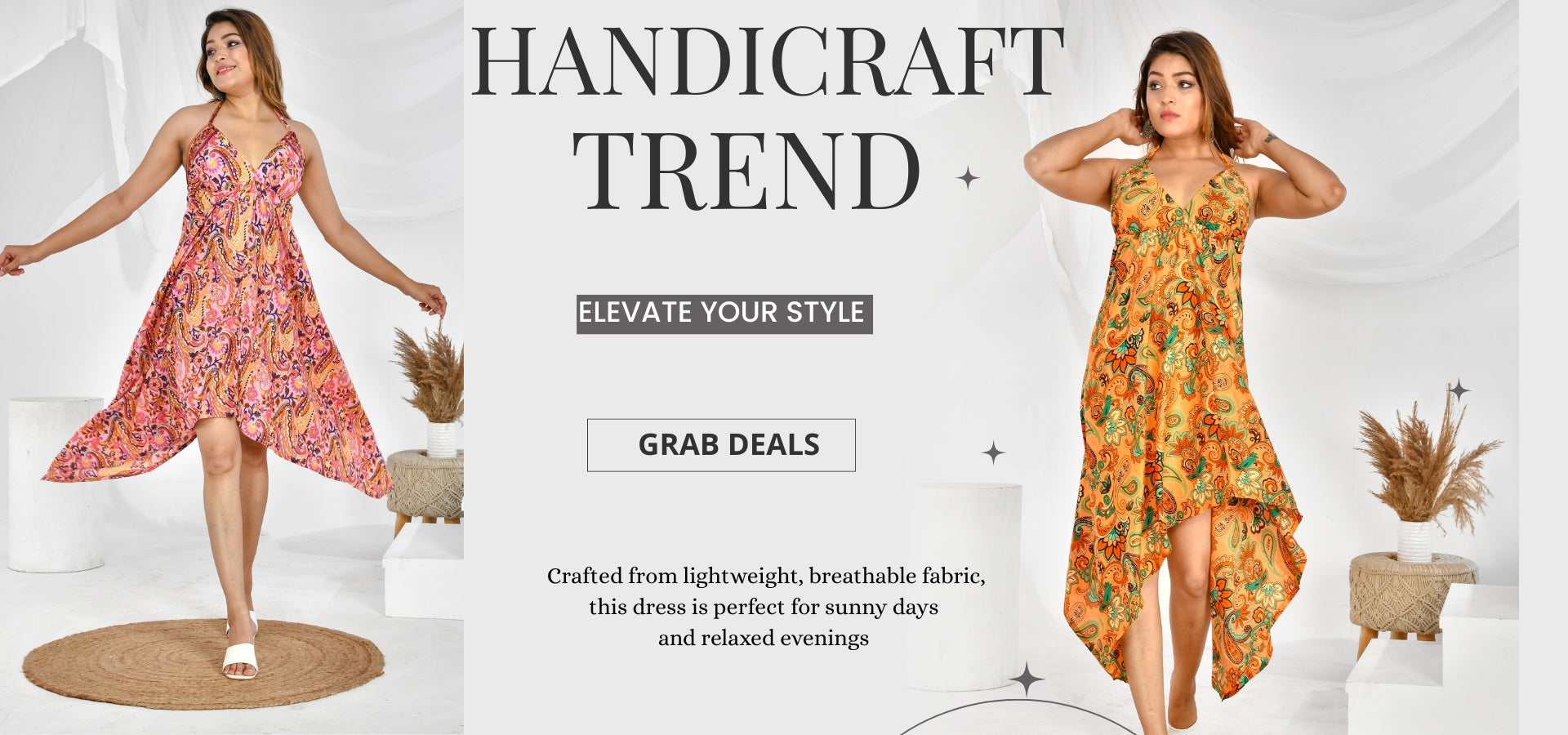 Two women wearing floral dresses with promotional text about a handicraft trend.