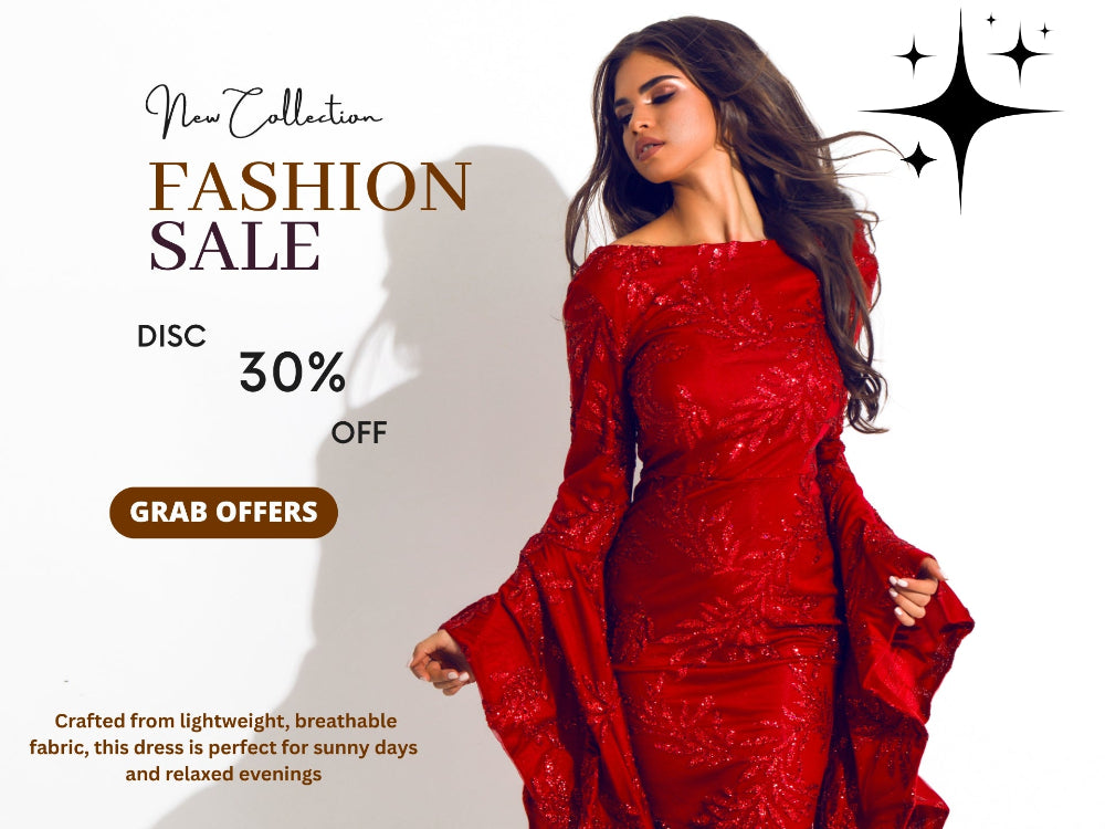 Woman in a red dress with fashion sale text and promotional elements on a white background
