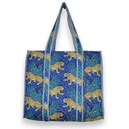 Women Cotton Baagh Tiger Printed Shopping Grocery & Beach Quilted Bag Shoulder Travel Tote Bag Gift for Her - Handicraft Trend