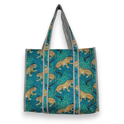 Women Cotton Baagh Tiger Printed Shopping Grocery & Beach Quilted Bag Shoulder Travel Tote Bag Gift for Her - Handicraft Trend