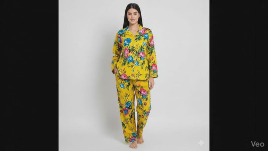 Women Multi Floral Summer Yellow Sleepwear Cotton Soft Night wear Lightweight Top-Pajama set